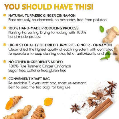 Turmeric, Ginger, Cinnamon Tea, Tea Bags, 100% Natural